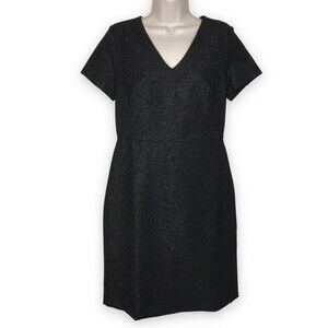 Ann Taylor Black Metallic V Neck Short Sleeve Lined Sheath Dress Women Size 4